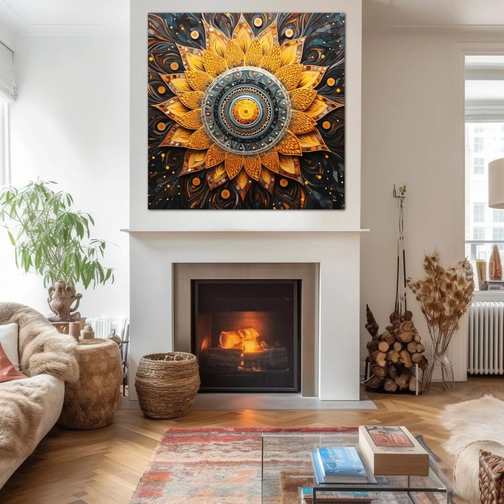 Wall Art titled: Spiraling Spirituality in a Square format with: Yellow, Grey, and Orange Colors; Decoration the Fireplace wall