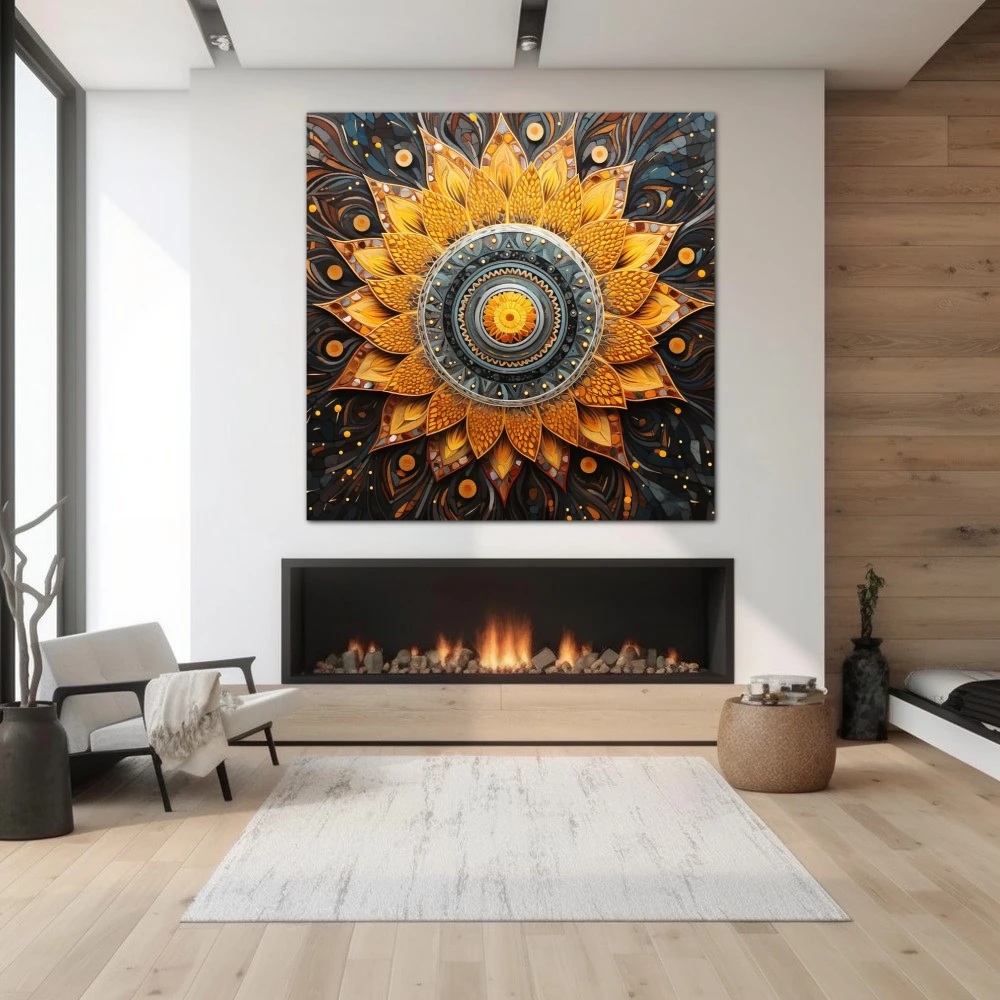 Wall Art titled: Spiraling Spirituality in a Square format with: Yellow, Grey, and Orange Colors; Decoration the Fireplace wall
