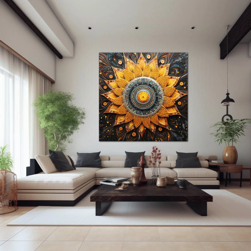 Cuadro espiritualidad en espiral en formato cuadrado con colores amarillo, gris, naranja; decorando pared de encima del sofá