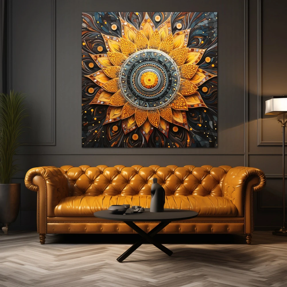 Cuadro espiritualidad en espiral en formato cuadrado con colores amarillo, gris, naranja; decorando pared de encima del sofá