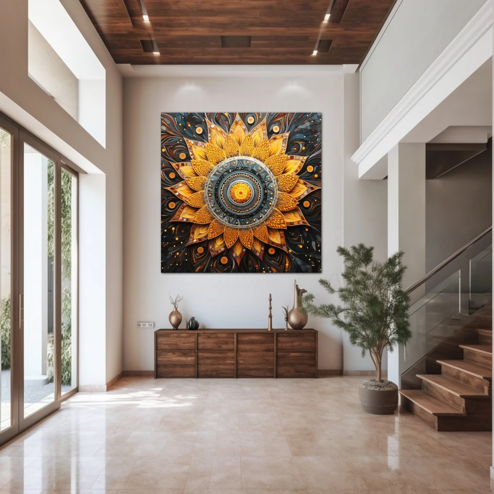 Wall Art titled: Spiraling Spirituality in a Square format with: Yellow, Grey, and Orange Colors; Decoration the Entryway wall