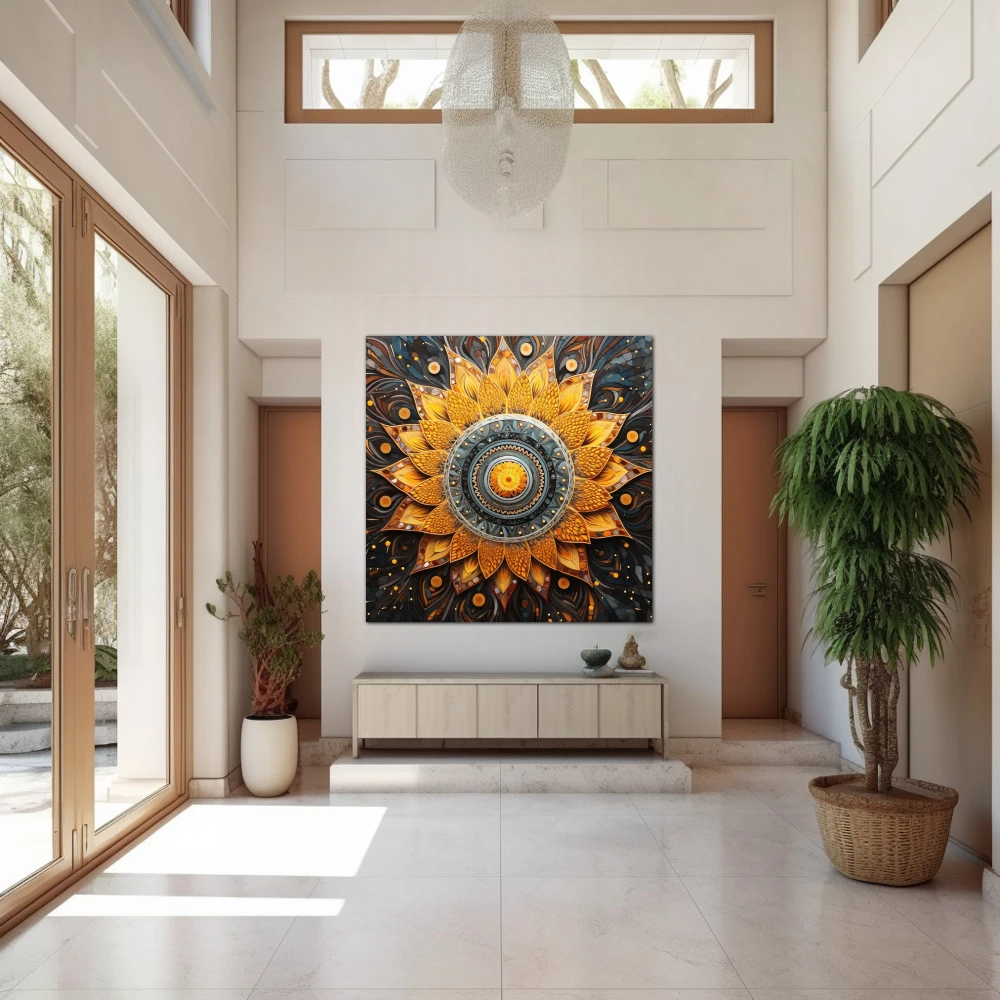 Cuadro espiritualidad en espiral en formato cuadrado con colores amarillo, gris, naranja; decorando pared de entrada y recibidor