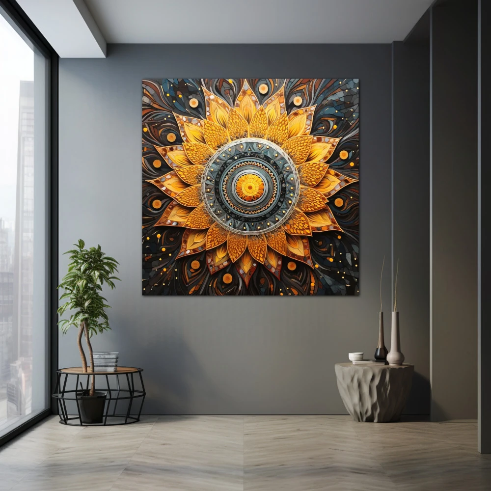 Cuadro espiritualidad en espiral en formato cuadrado con colores amarillo, gris, naranja; decorando pared gris