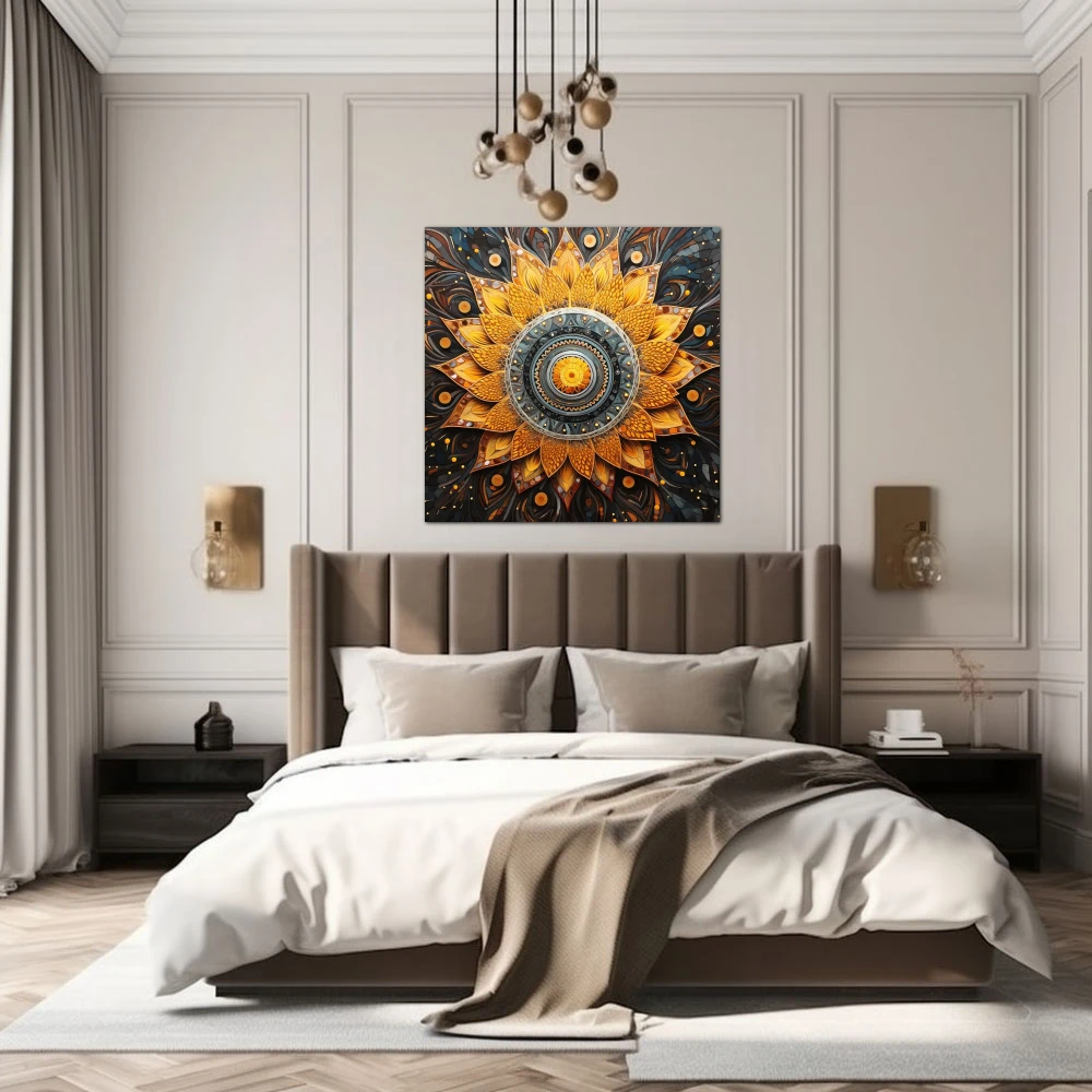 Cuadro espiritualidad en espiral en formato cuadrado con colores amarillo, gris, naranja; decorando pared de habitación dormitorio