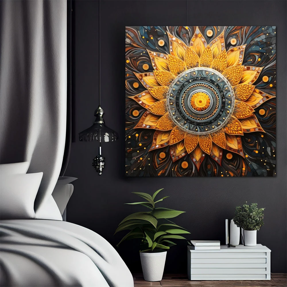 Wall Art titled: Spiraling Spirituality in a Square format with: Yellow, Grey, and Orange Colors; Decoration the Bedroom wall
