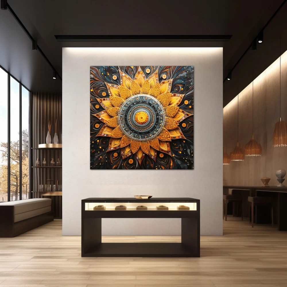 Wall Art titled: Spiraling Spirituality in a Square format with: Yellow, Grey, and Orange Colors; Decoration the Jewellery wall