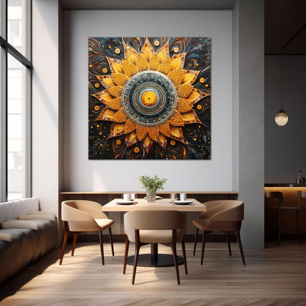 Cuadro espiritualidad en espiral en formato cuadrado con colores amarillo, gris, naranja; decorando pared de restaurante