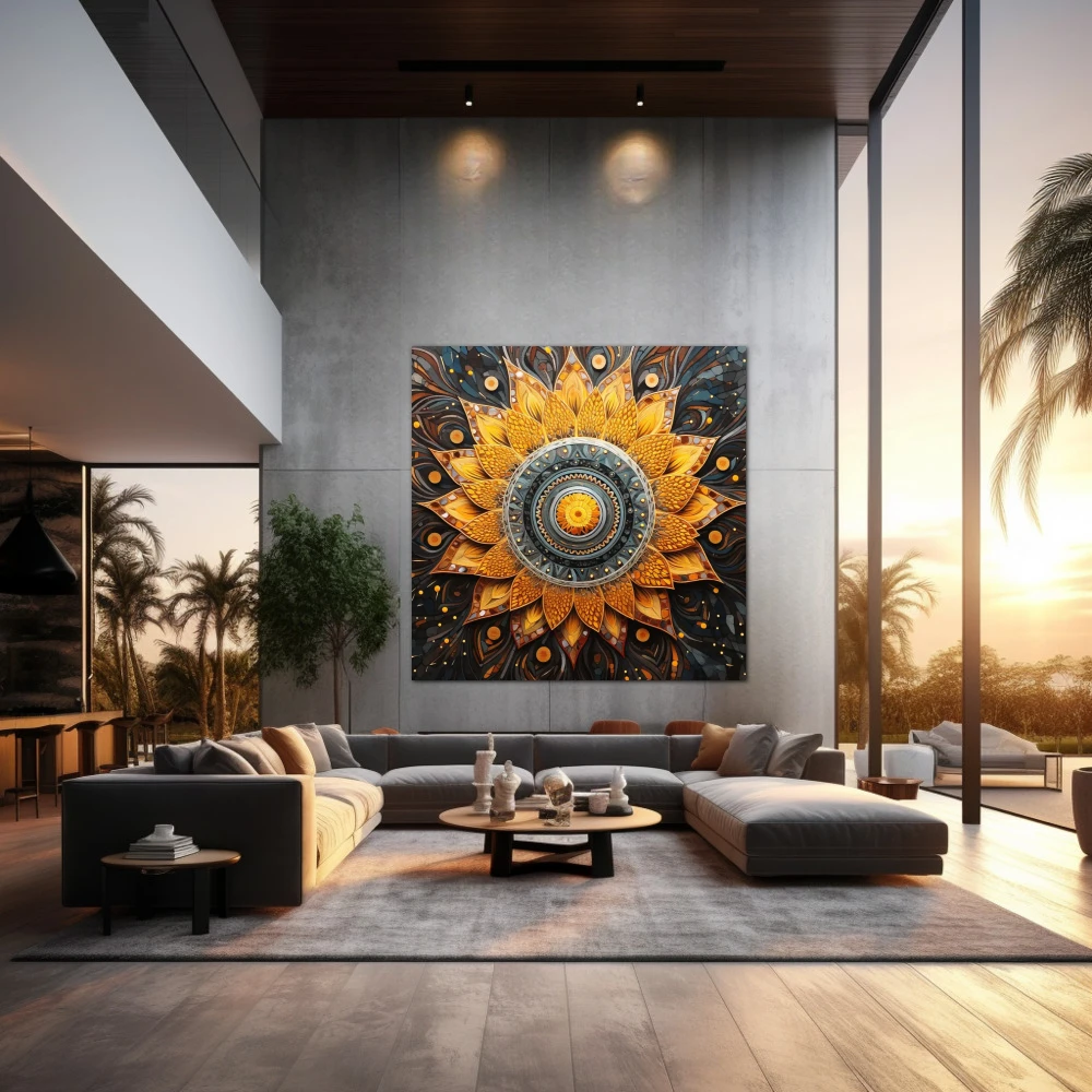 Wall Art titled: Spiraling Spirituality in a Square format with: Yellow, Grey, and Orange Colors; Decoration the Living Room wall
