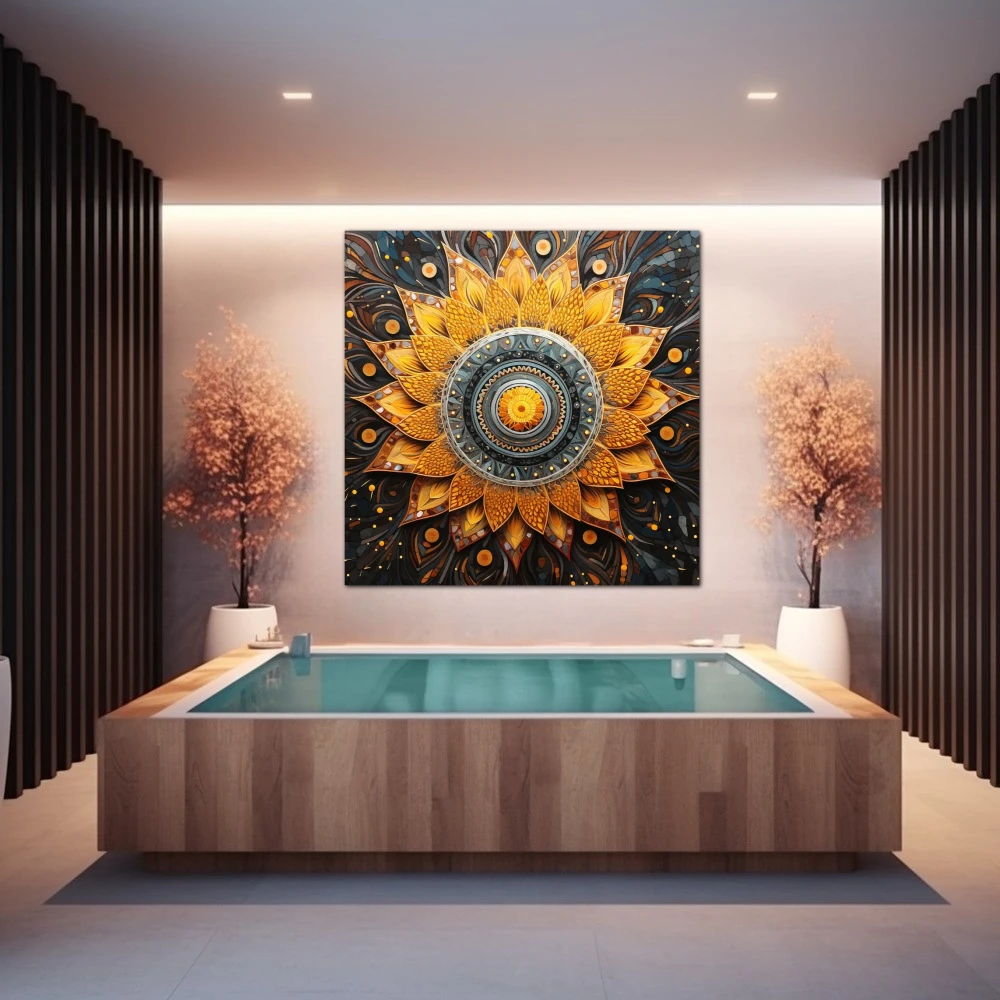 Cuadro espiritualidad en espiral en formato cuadrado con colores amarillo, gris, naranja; decorando pared de spa