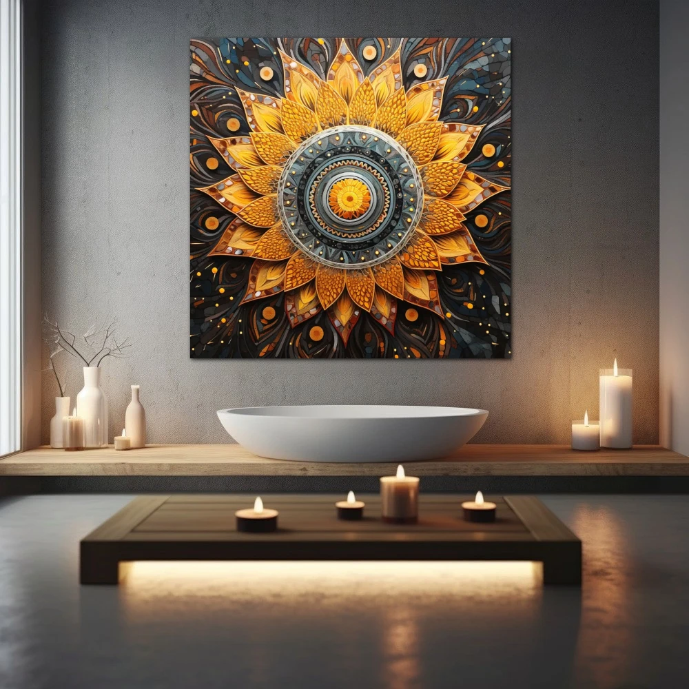 Wall Art titled: Spiraling Spirituality in a Square format with: Yellow, Grey, and Orange Colors; Decoration the Wellbeing wall