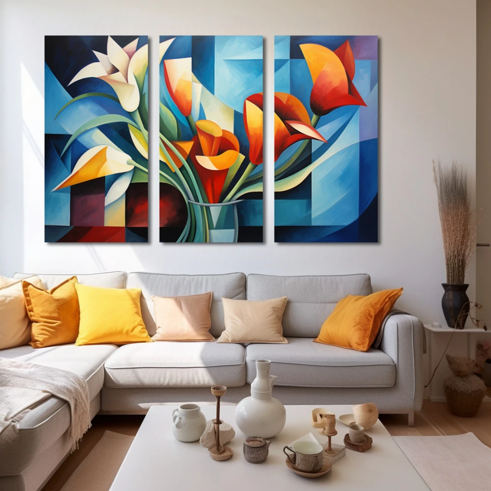 Wall Art titled: Passionate Geometry in a Horizontal format with: Orange, Violet, Blue, and Navy Blue Colors; Decoration the White Wall wall