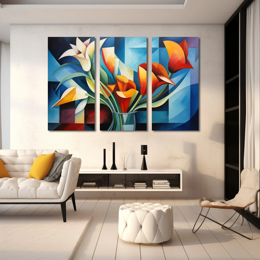 Wall Art titled: Passionate Geometry in a Horizontal format with: Orange, Violet, Blue, and Navy Blue Colors; Decoration the White Wall wall