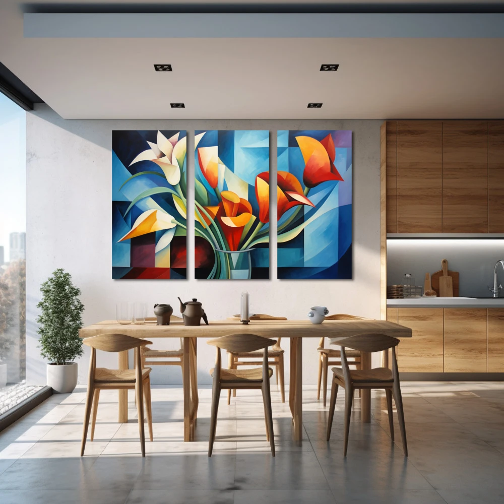 Wall Art titled: Passionate Geometry in a Horizontal format with: Orange, Violet, Blue, and Navy Blue Colors; Decoration the Kitchen wall