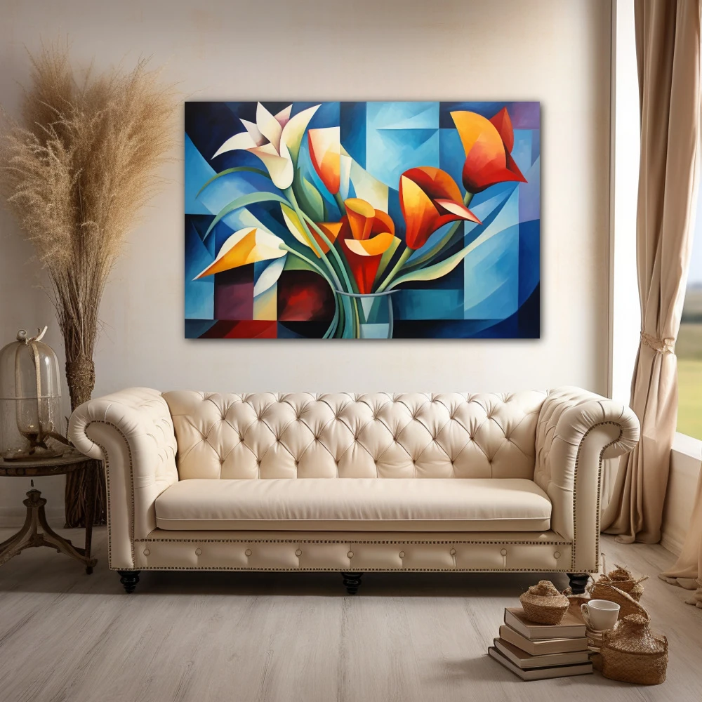 Wall Art titled: Passionate Geometry in a Horizontal format with: Orange, Violet, Blue, and Navy Blue Colors; Decoration the Above Couch wall