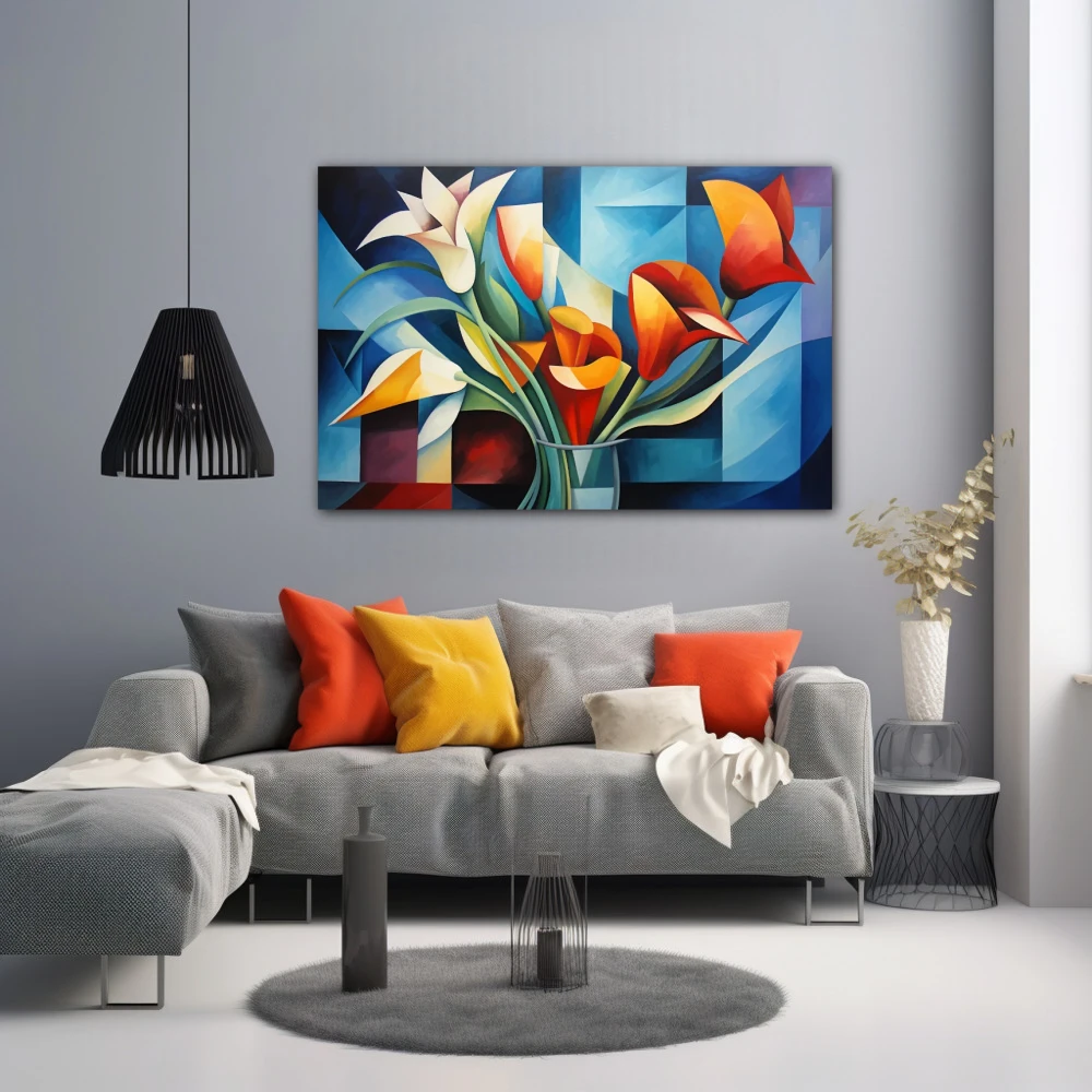 Wall Art titled: Passionate Geometry in a Horizontal format with: Orange, Violet, Blue, and Navy Blue Colors; Decoration the Grey Walls wall