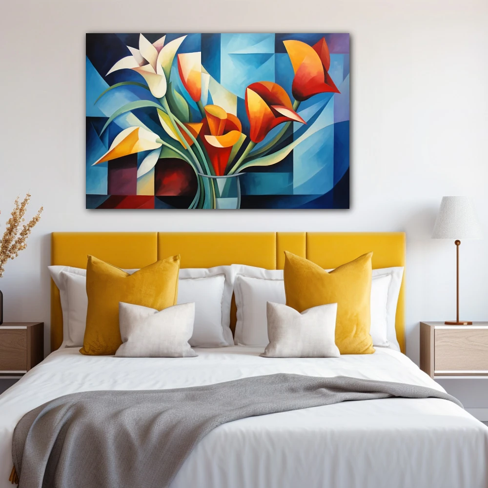 Cuadro geometría apasionada en formato horizontal con colores naranja, violeta; decorando pared de habitación dormitorio