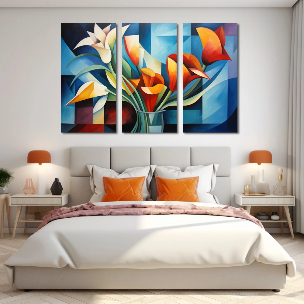 Cuadro geometría apasionada en formato tríptico con colores naranja, violeta; decorando pared de habitación dormitorio
