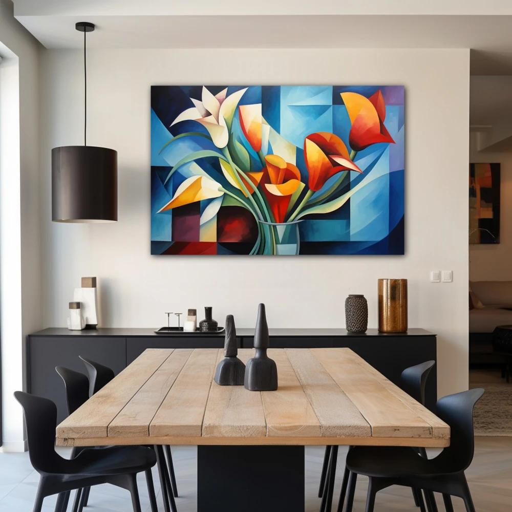 Wall Art titled: Passionate Geometry in a Horizontal format with: Orange, Violet, Blue, and Navy Blue Colors; Decoration the Living Room wall
