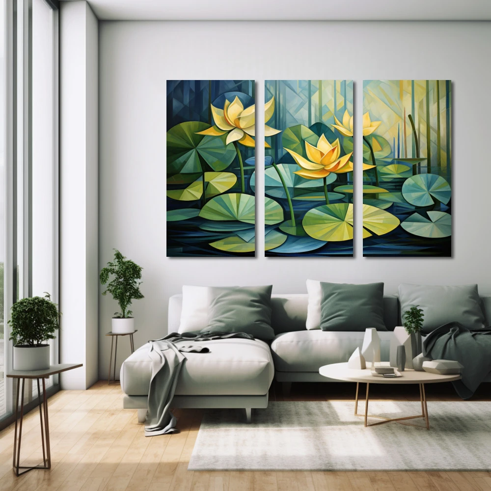 Wall Art titled: Botanical Symmetry in a Horizontal format with: Yellow, and Green Colors; Decoration the White Wall wall