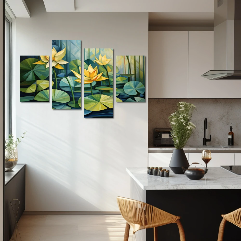 Wall Art titled: Botanical Symmetry in a Horizontal format with: Yellow, and Green Colors; Decoration the Kitchen wall