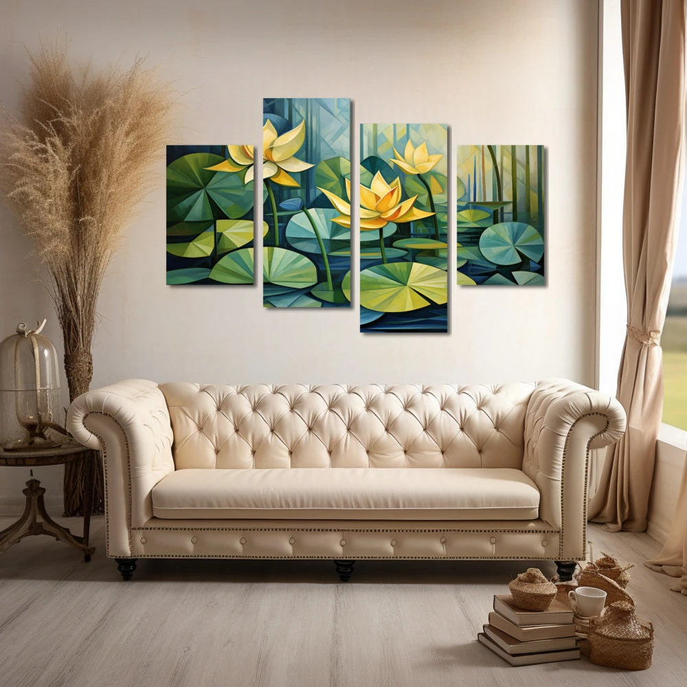 Wall Art titled: Botanical Symmetry in a Horizontal format with: Yellow, and Green Colors; Decoration the Above Couch wall