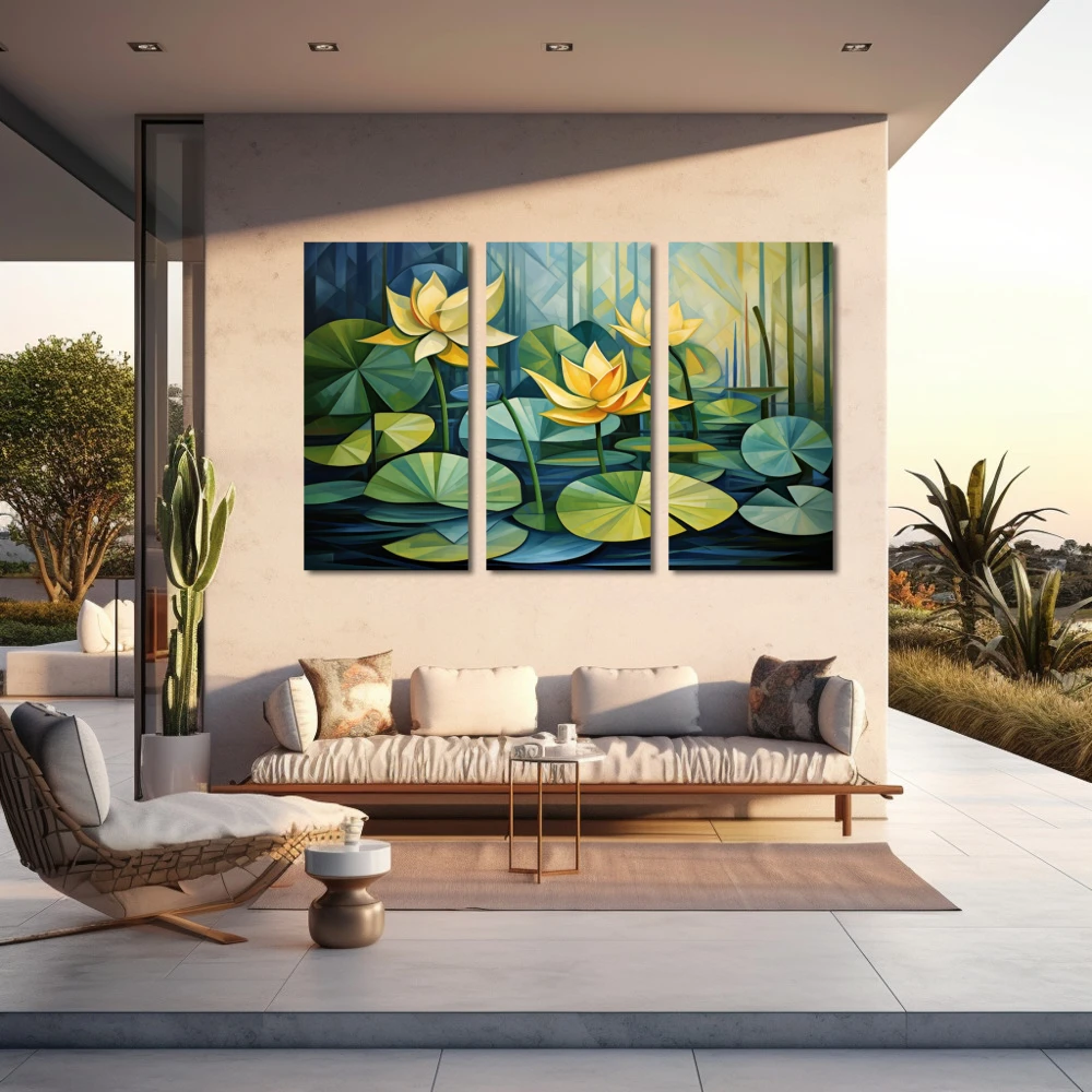 Wall Art titled: Botanical Symmetry in a Horizontal format with: Yellow, and Green Colors; Decoration the Outdoor wall