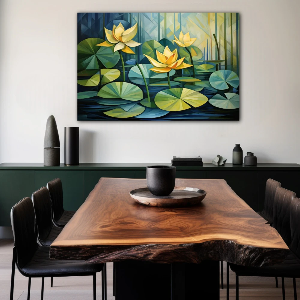 Wall Art titled: Botanical Symmetry in a Horizontal format with: Yellow, and Green Colors; Decoration the Living Room wall