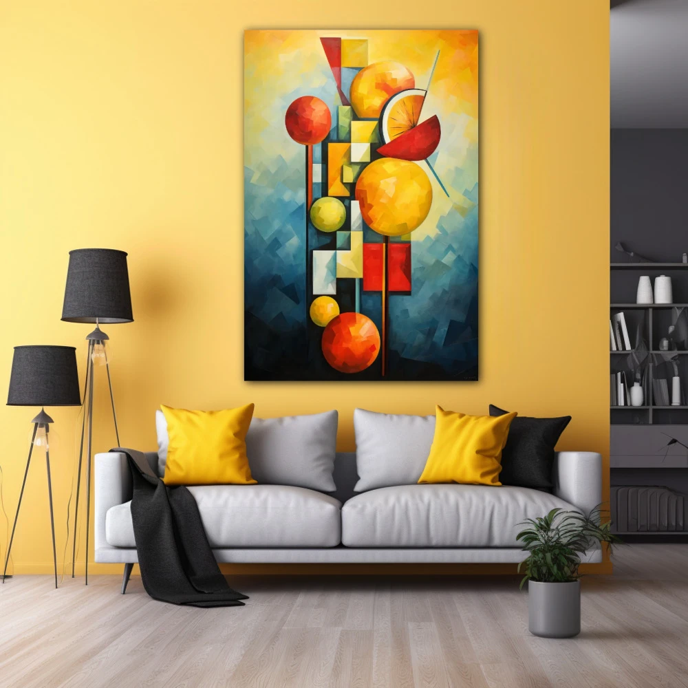 Cuadro pinchos de frutas cubistas en formato vertical con colores azul, naranja, rojo; decorando pared amarilla
