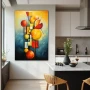 Wall Art titled: Cubist Fruit Skewers in a Vertical format with: Blue, Orange, and Red Colors; Decoration the Kitchen wall