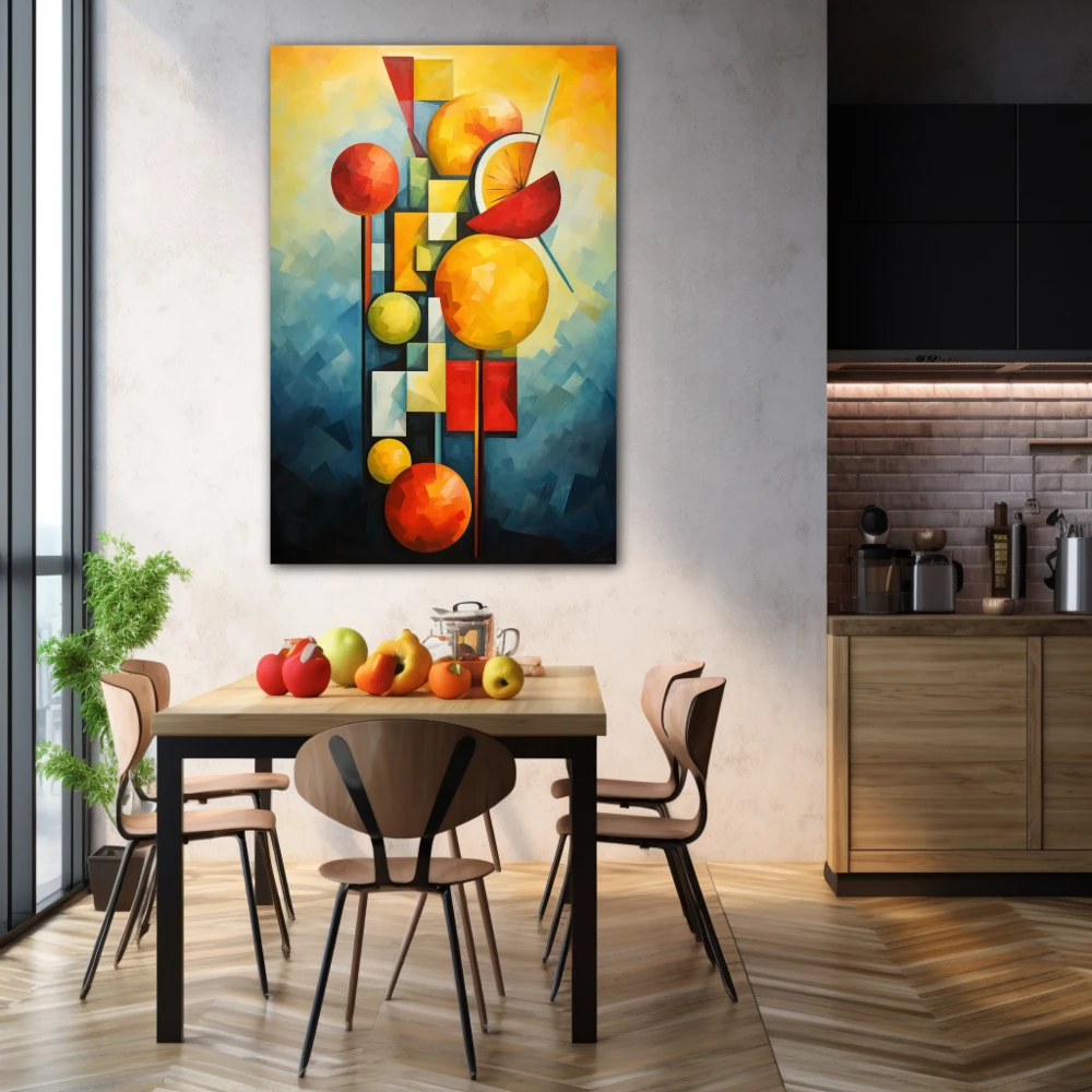 Cuadro pinchos de frutas cubistas en formato vertical con colores azul, naranja, rojo; decorando pared de cocina