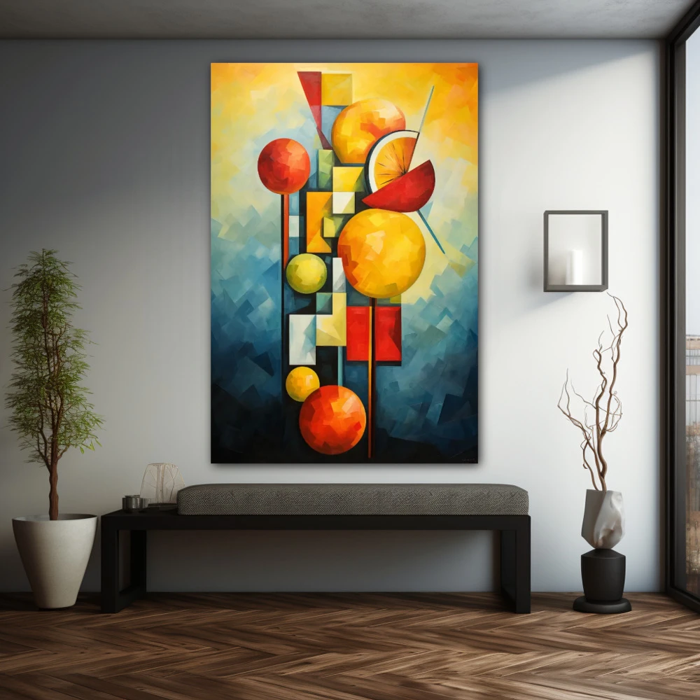 Cuadro pinchos de frutas cubistas en formato vertical con colores azul, naranja, rojo; decorando pared gris