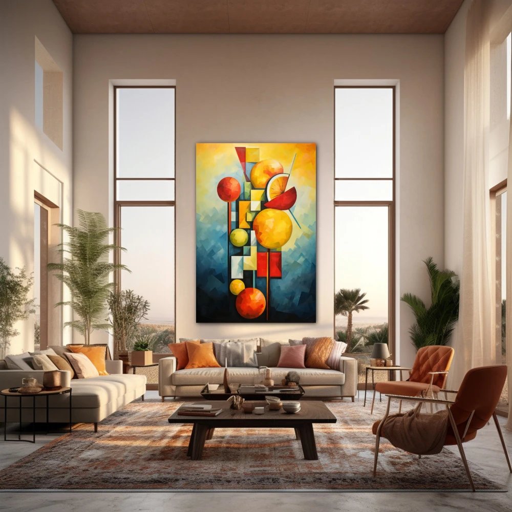 Cuadro pinchos de frutas cubistas en formato vertical con colores azul, naranja, rojo; decorando pared de salón comedor
