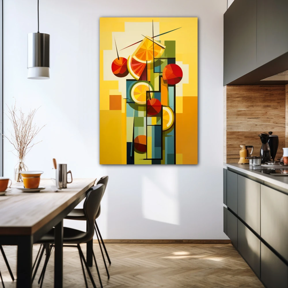 Cuadro vitaminas geométricas en formato vertical con colores amarillo, rojo, verde, vivos; decorando pared de cocina