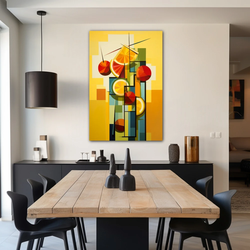 Cuadro vitaminas geométricas en formato vertical con colores amarillo, rojo, verde, vivos; decorando pared de salón comedor