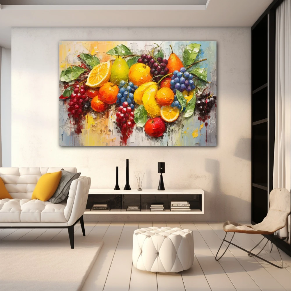 Cuadro expresionismo vitamínico en formato horizontal con colores amarillo, rojo, violeta, vivos; decorando pared blanca