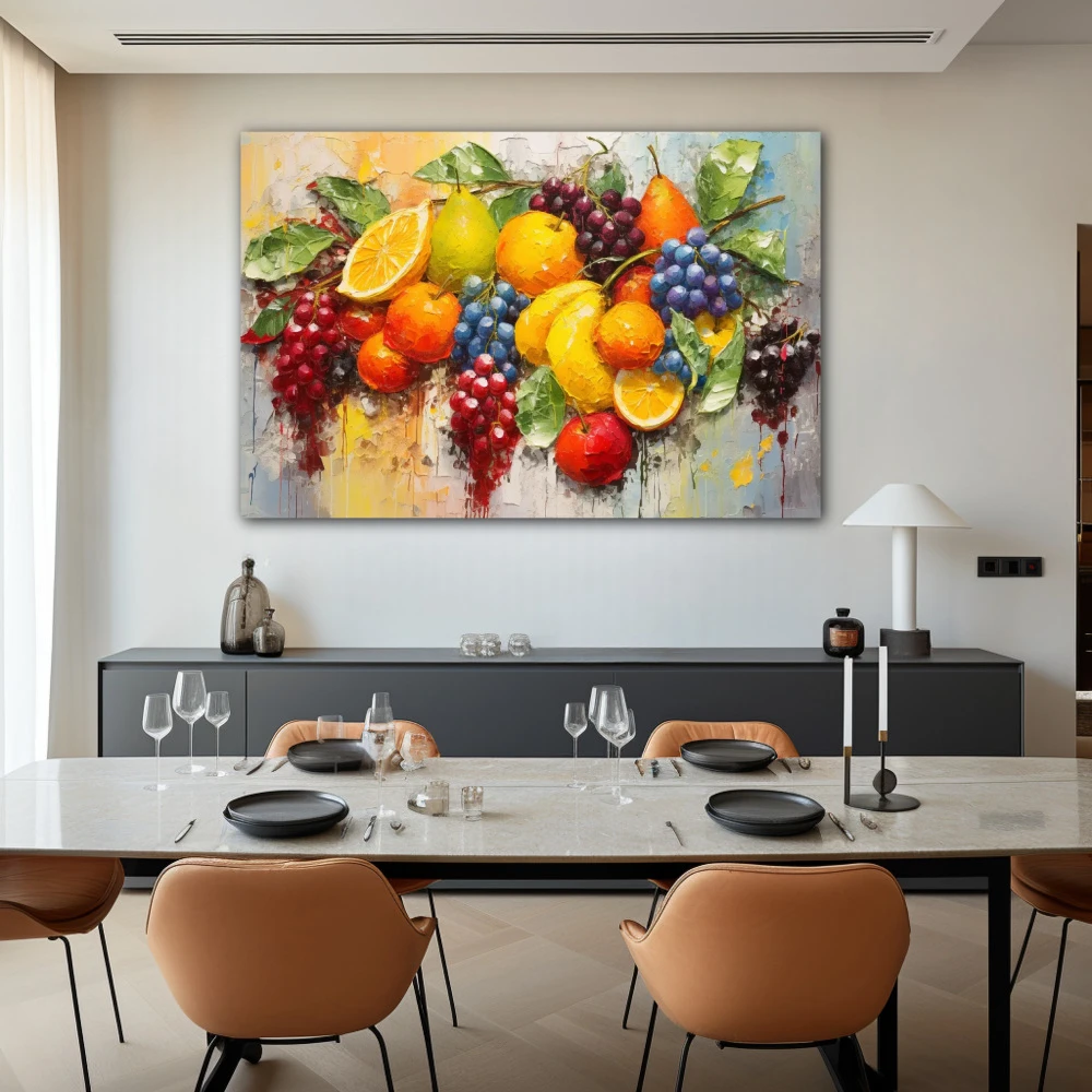 Cuadro expresionismo vitamínico en formato horizontal con colores amarillo, rojo, violeta, vivos; decorando pared de salón comedor