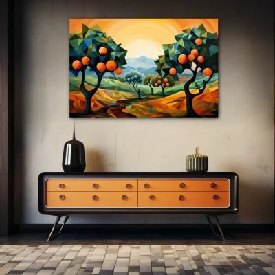 Wall Art titled: Citrus in the Sun in a Horizontal format with: Yellow, Orange, Green, and Vivid Colors; Decoration the Sideboard wall