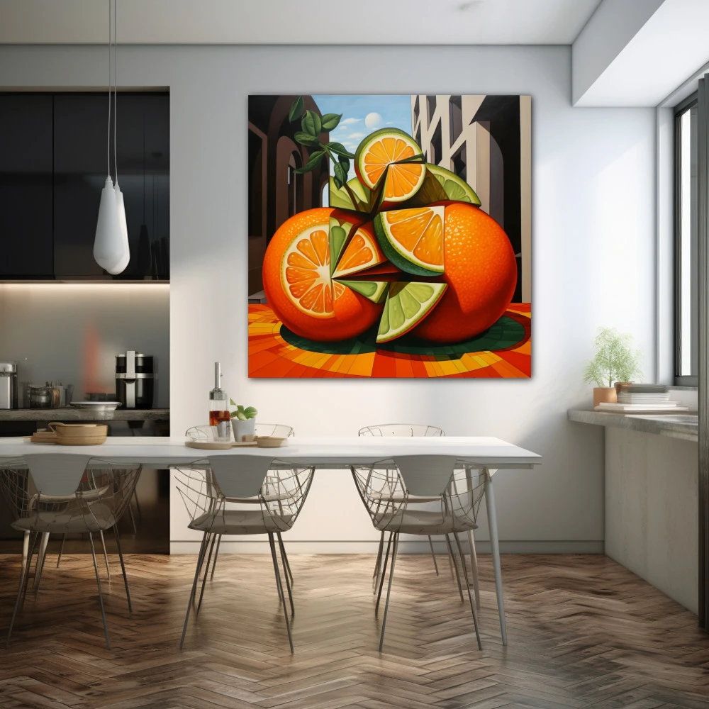 Cuadro citric & roll en formato cuadrado con colores naranja, verde, vivos; decorando pared de cocina