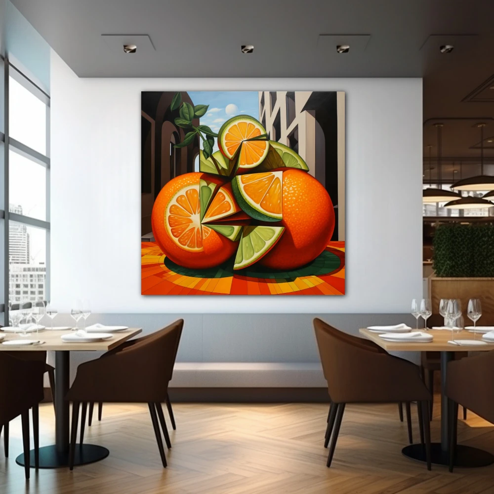 Cuadro citric & roll en formato cuadrado con colores naranja, verde, vivos; decorando pared de restaurante
