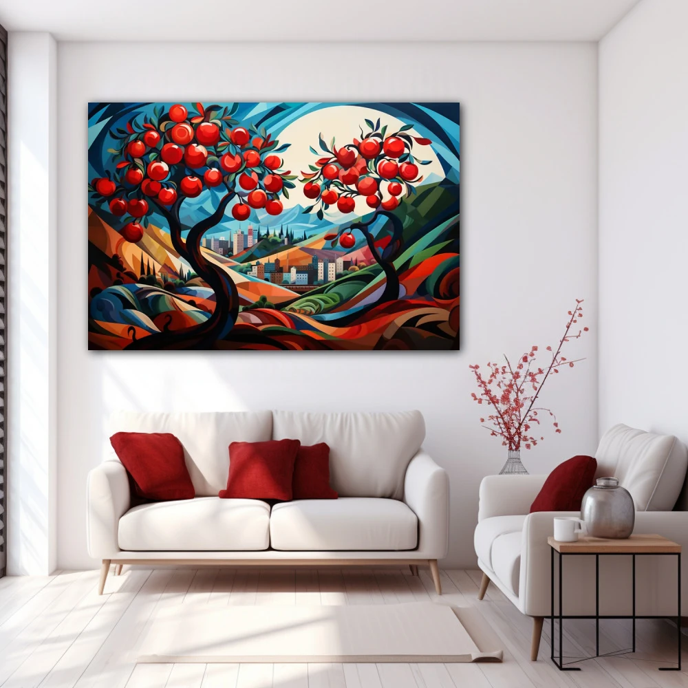 Cuadro manzano con vistas en formato horizontal con colores azul, rojo, vivos; decorando pared blanca