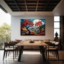 Wall Art titled: Apple Tree Overlooking in a Horizontal format with: Blue, Red, and Vivid Colors; Decoration the Restaurant wall