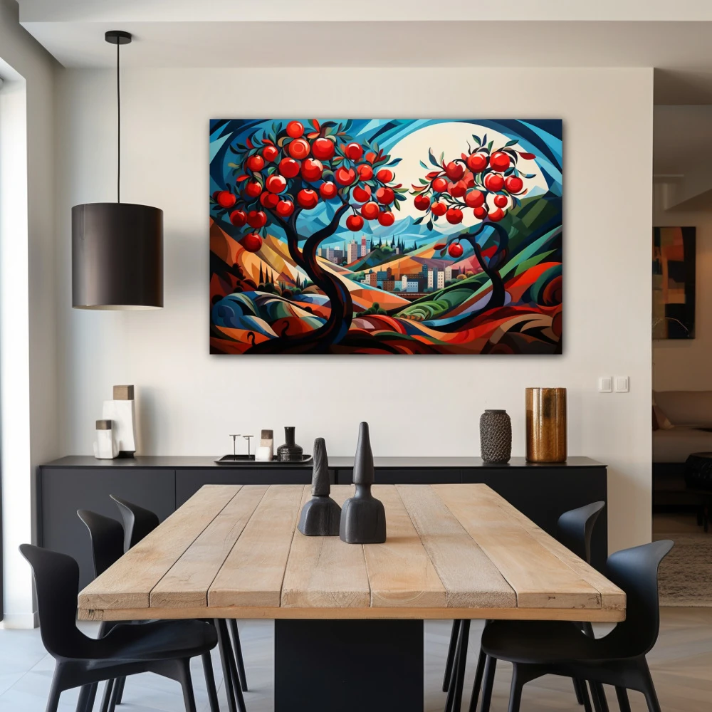 Cuadro manzano con vistas en formato horizontal con colores azul, rojo, vivos; decorando pared de salón comedor