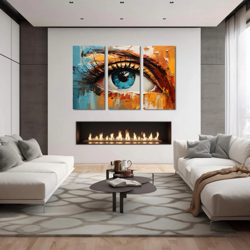 Wall Art titled: Soul Portal in a Horizontal format with: Blue, and Orange Colors; Decoration the Fireplace wall