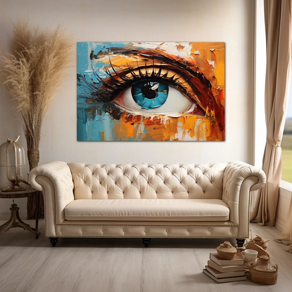 Cuadro portal del alma en formato horizontal con colores azul, naranja; decorando pared de encima del sofá