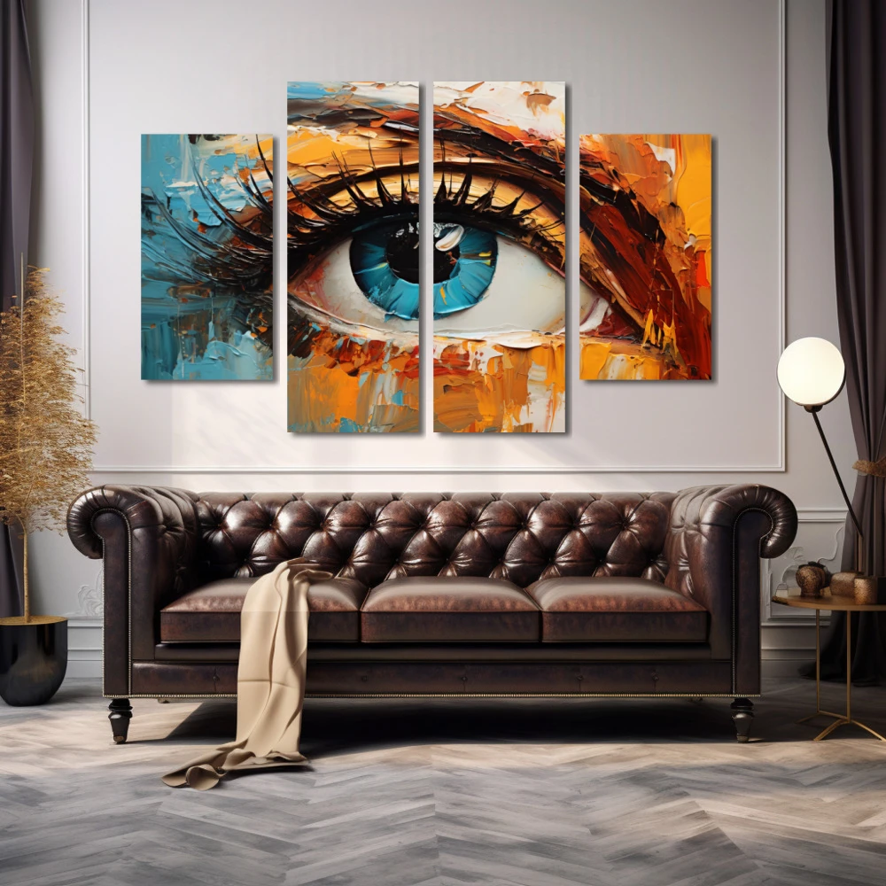 Cuadro portal del alma en formato políptico con colores azul, naranja; decorando pared de encima del sofá