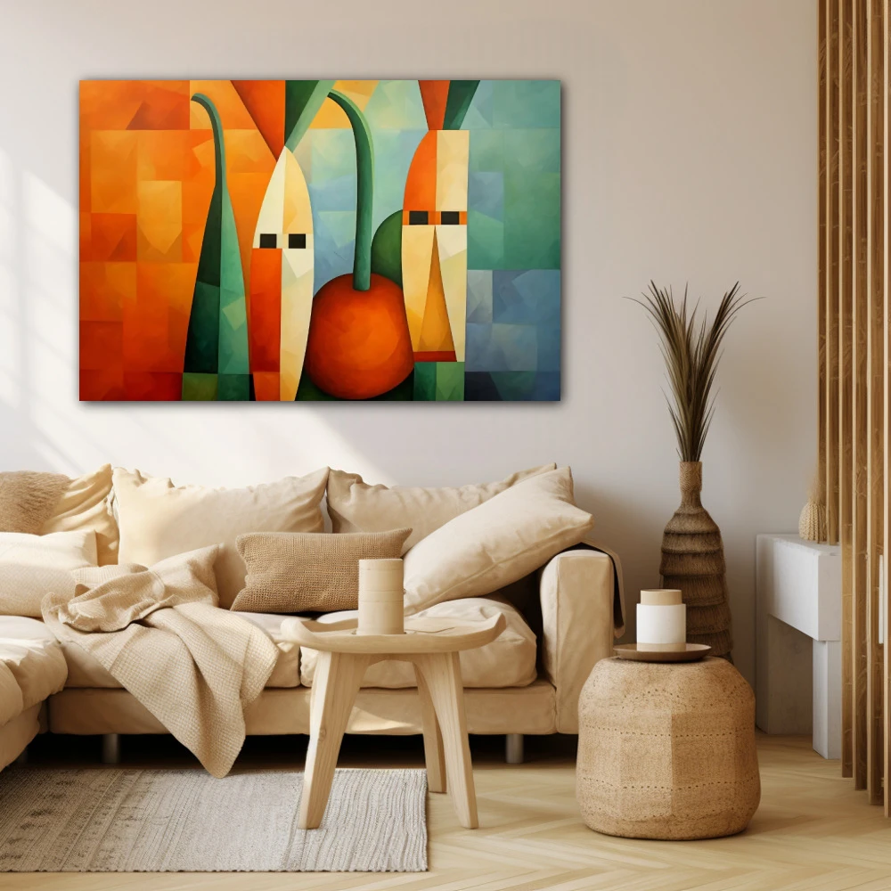 Wall Art titled: Earth's Carotenoids in a Horizontal format with: Orange, and Green Colors; Decoration the Beige Wall wall