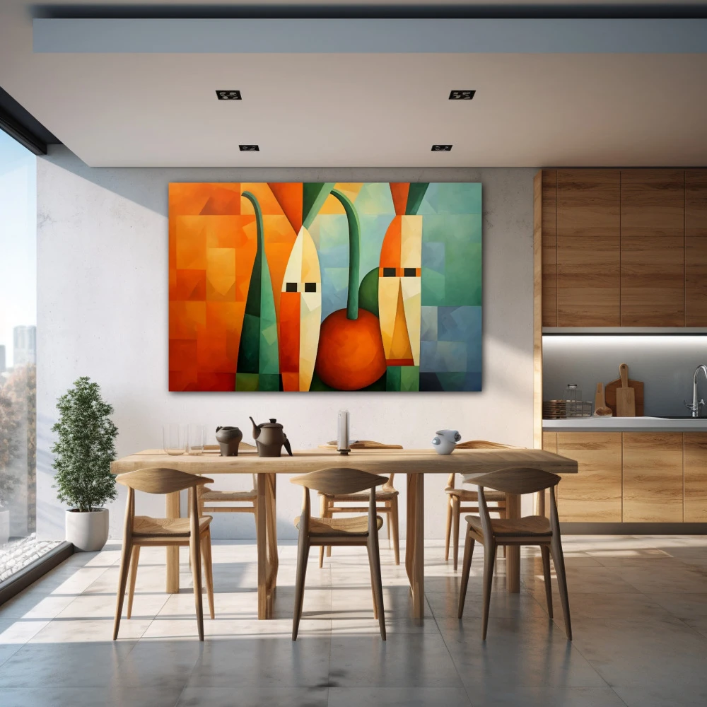 Cuadro carotenoides de la tierra en formato horizontal con colores naranja, verde; decorando pared de cocina