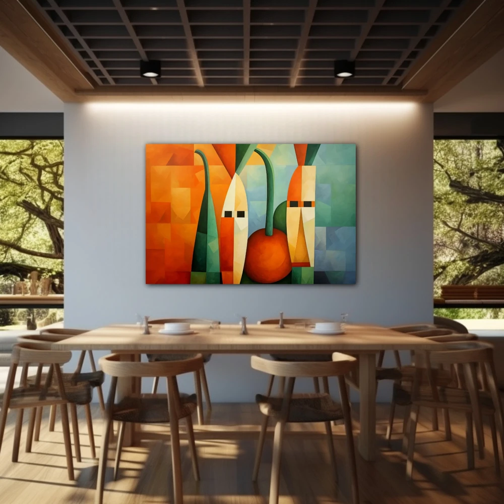 Cuadro carotenoides de la tierra en formato horizontal con colores naranja, verde; decorando pared de restaurante