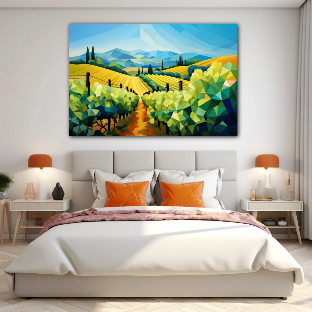 Cuadro in vino veritas en formato horizontal con colores azul, verde; decorando pared de habitación dormitorio