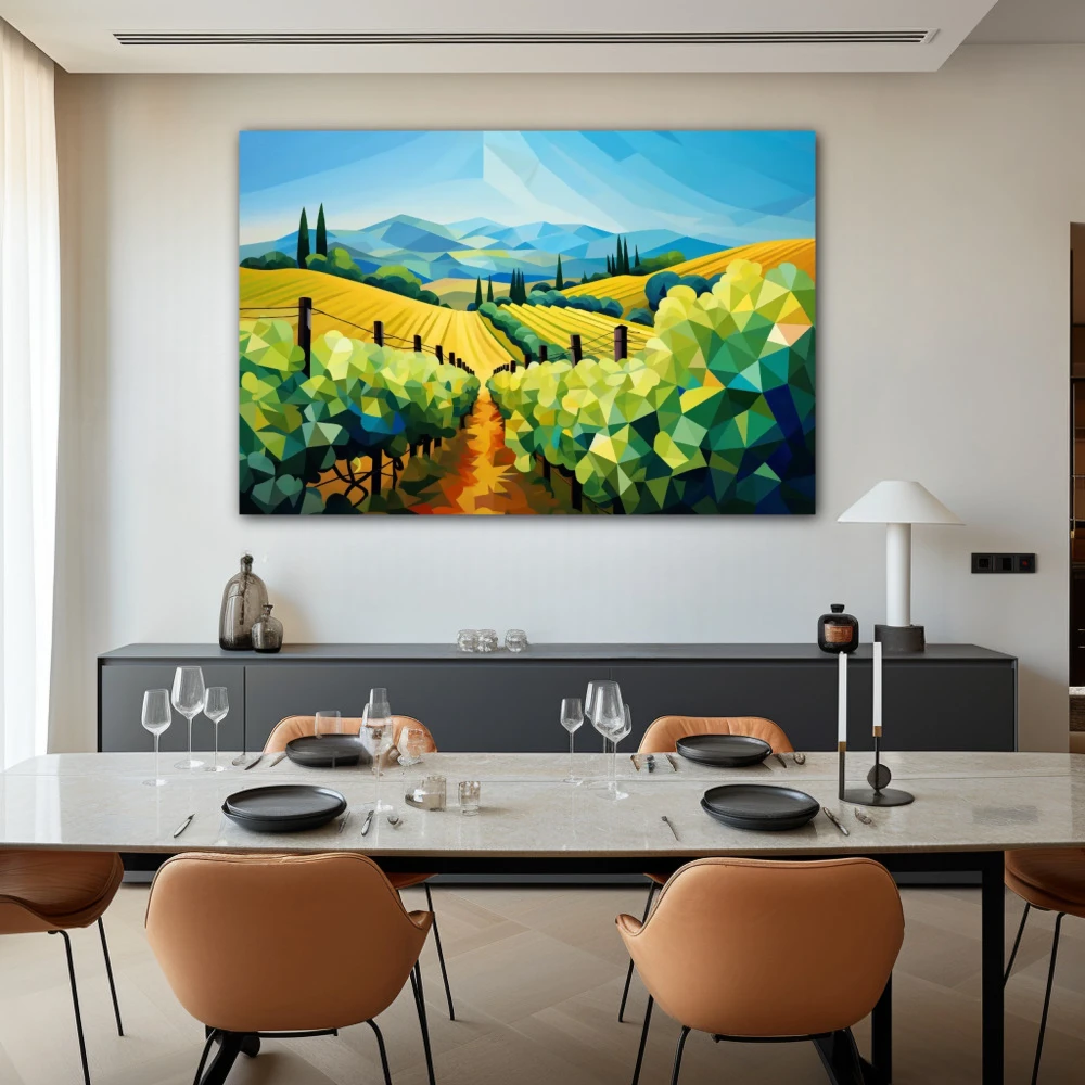 Cuadro in vino veritas en formato horizontal con colores azul, verde; decorando pared de salón comedor